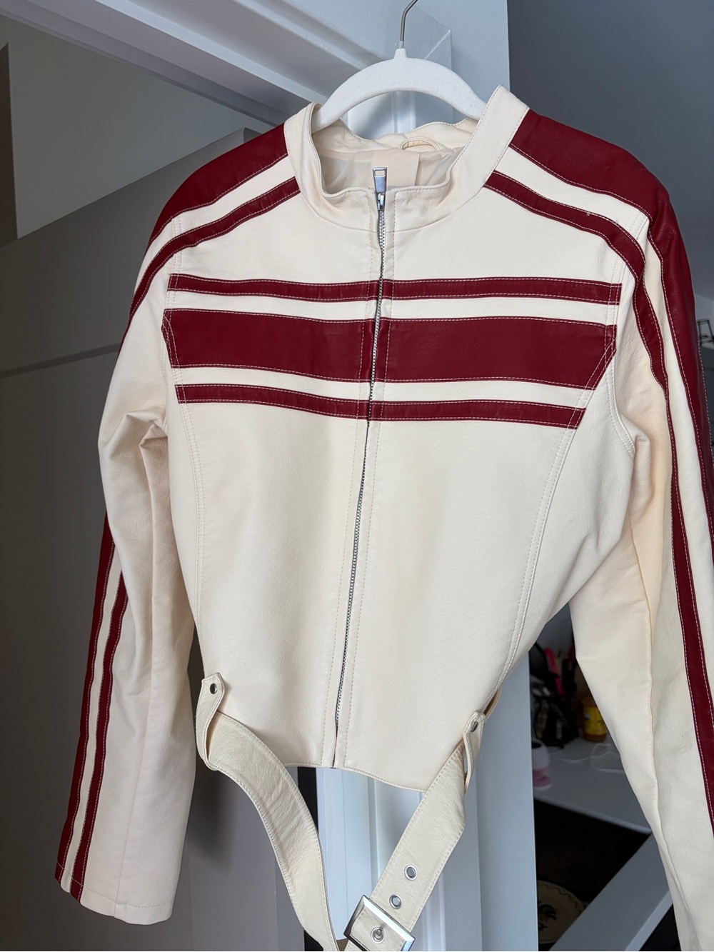 Urban Outfitters Cream Moto Leather Jacket with Burgundy Stripe Accents